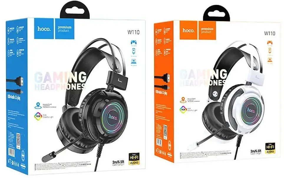 Wire ausinės USB A + Jack 3,5 mm Hoco žaidimams 2 m W110 juodas