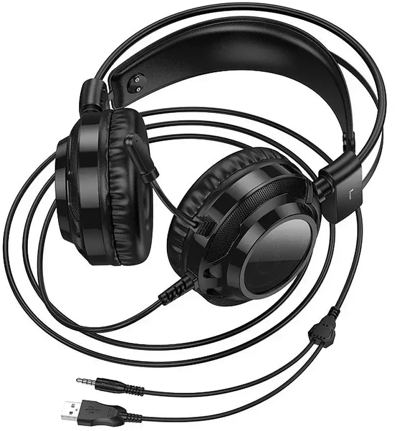 Wire ausinės USB A + Jack 3,5 mm Hoco žaidimams 2 m W110 juodas