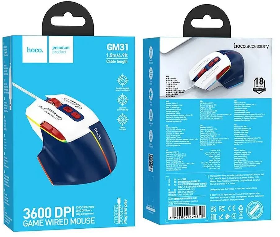 Wire pelė žaidimams Hoco USB A 3600 dpi GM31 baltas mėlynas