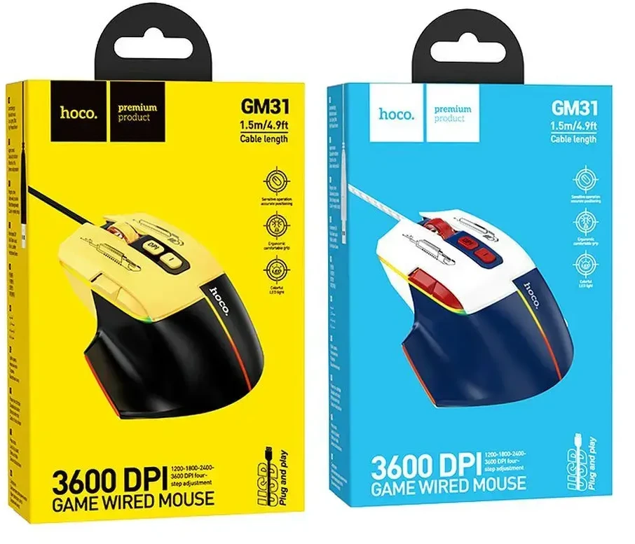 Wire pelė žaidimams Hoco USB A 3600 dpi GM31 baltas mėlynas