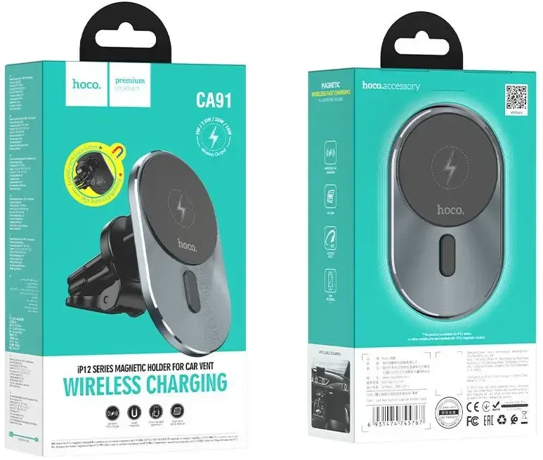 Belaidis automobilinis įkroviklis-laikiklis Hoco (CA91) Magnetic (MagSafe 15W) juodas