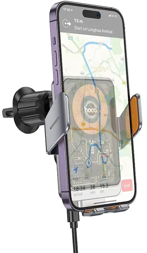 Belaidis automobilio telefono laikiklis Hoco 15 W oro išleidimo angos HW7 pilka
