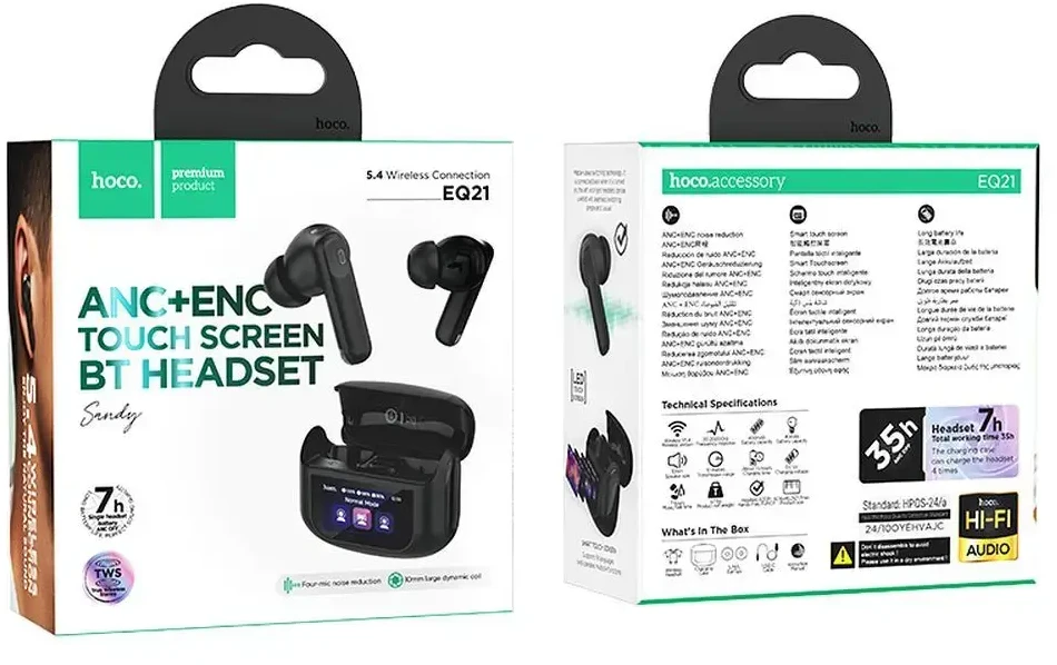 HOCO belaidės ausinės bluetooth su touch screen TWS ANC + ENC EQ21 midnight juodos spalvos