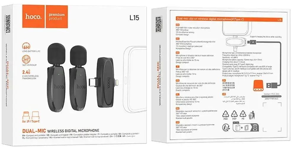 Belaidis prisegamas mikrofonas „Lightning“ / USB C Hoco 2 vnt. L15 juodas