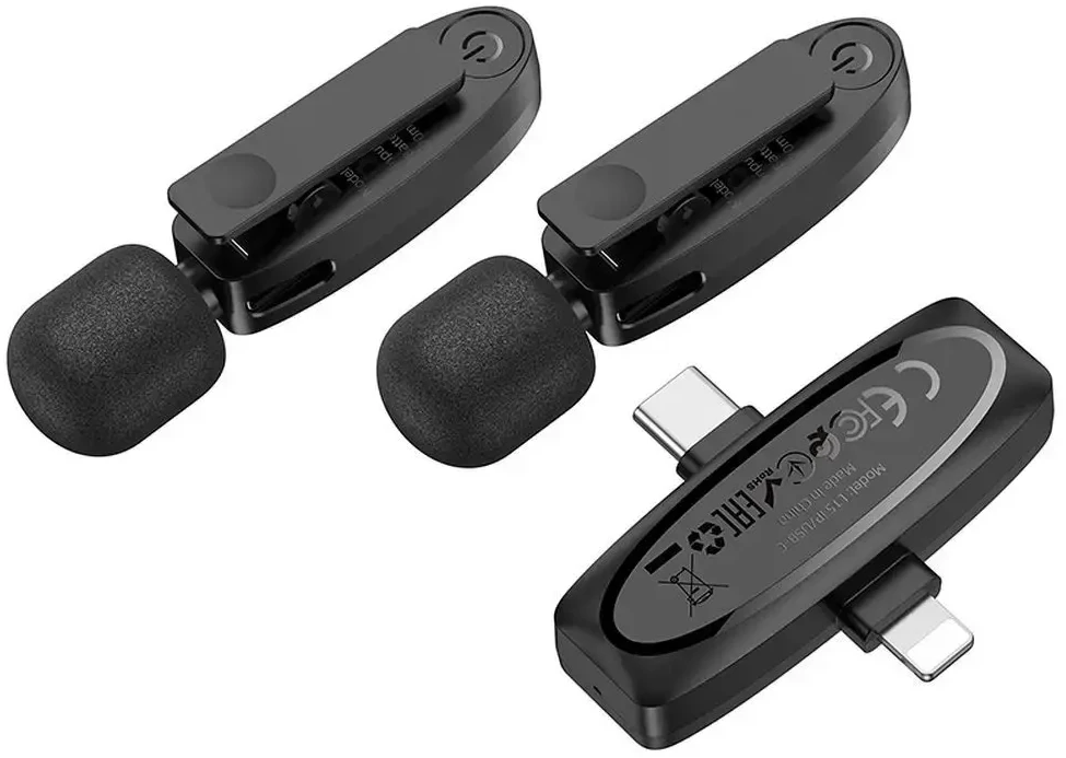 Belaidis prisegamas mikrofonas „Lightning“ / USB C Hoco 2 vnt. L15 juodas