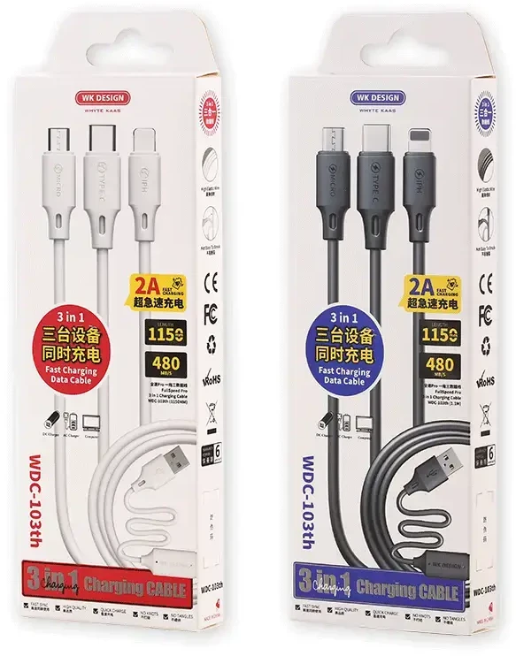 „WK Design“ USB – „micro USB“ | „Lightning“ | USB C tipo laidas 2A, 115 cm, baltas (WDC-103th baltas)
