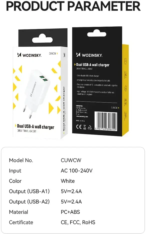 Įkroviklis Wozinsky (CUWCW) (2xUSB 2.4A) baltas