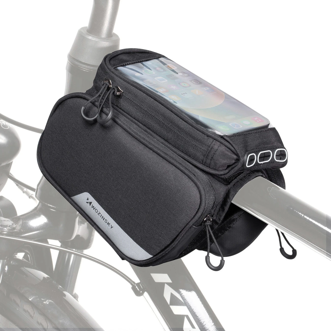 Wozinsky frame bike bag + detachable phone cover iki 6.5 "1.5l juodos spalvos (WBB7BK)