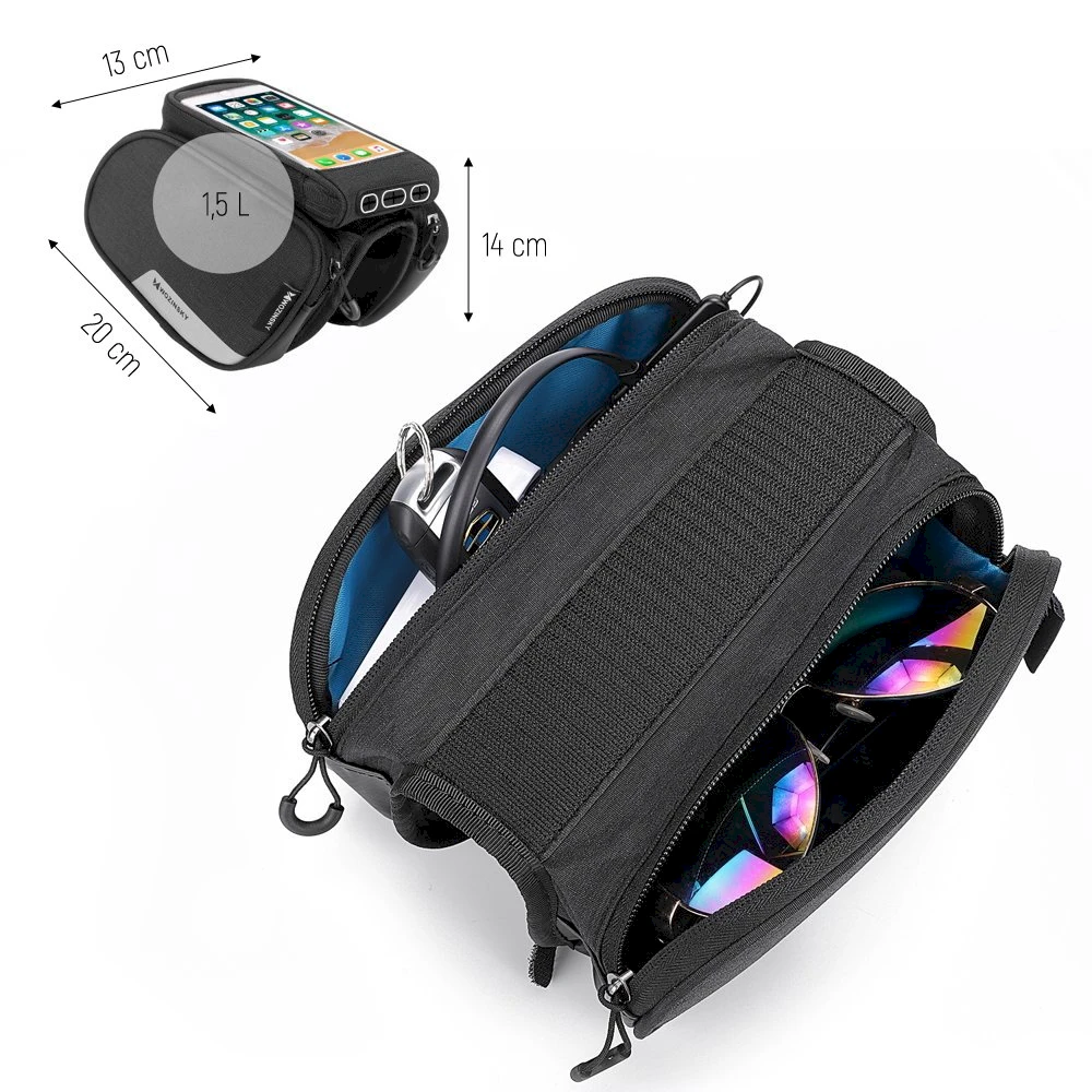Wozinsky frame bike bag + detachable phone cover iki 6.5 "1.5l juodos spalvos (WBB7BK)