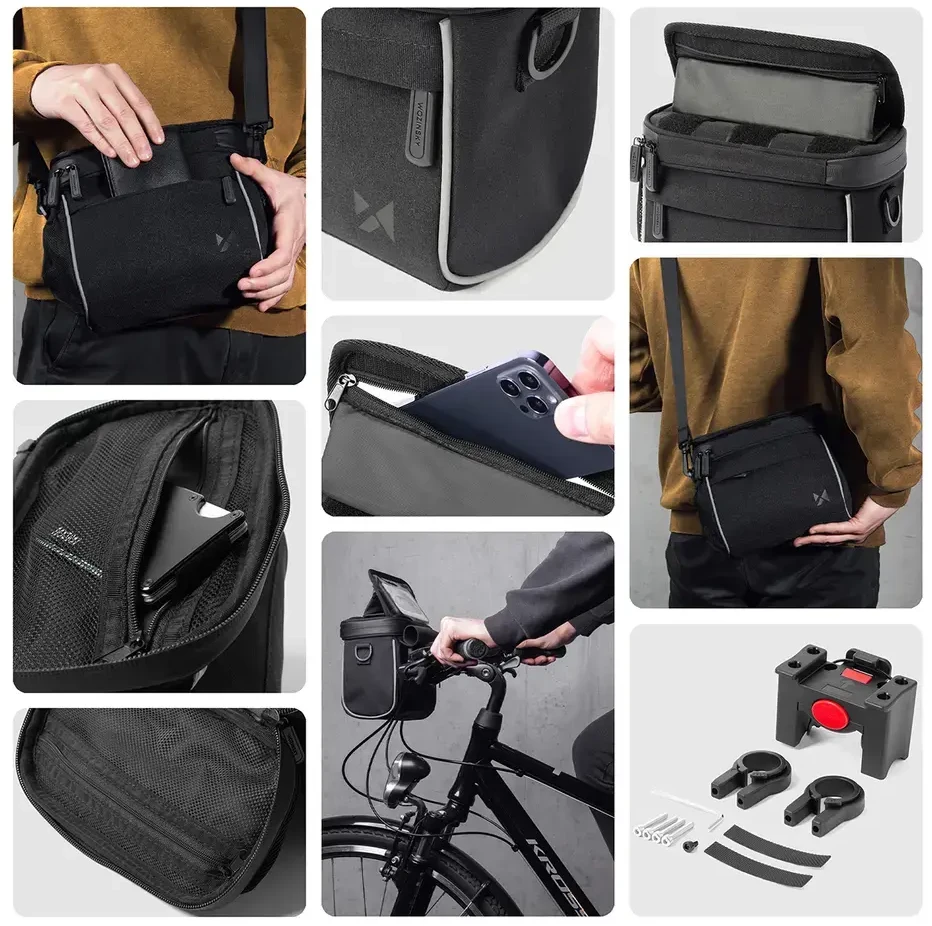 Wozinsky bicycle handlebar bag bike shoulder bag juodos spalvos (WBHBB-01)