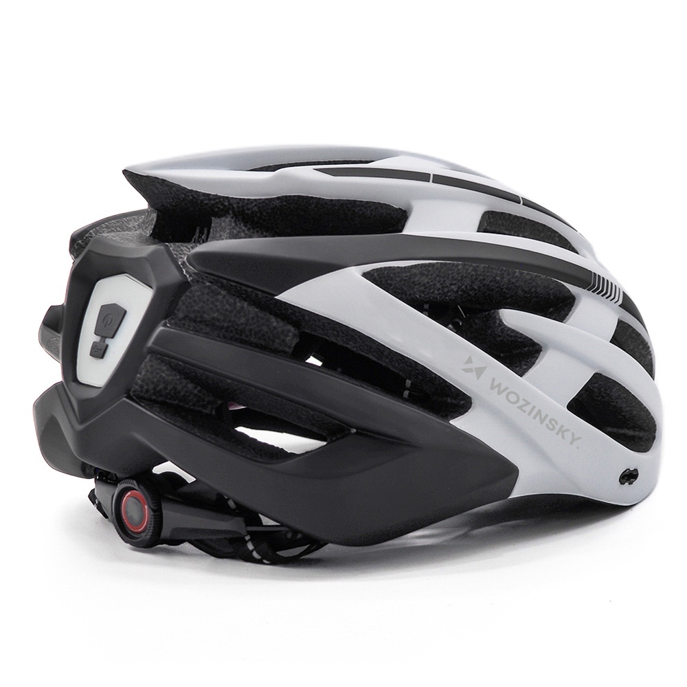 Dviratininko šalmas MTB Wozinsky su odpinanym daszkiem i tylną lampką USB 57-62 cm - juoda-balta