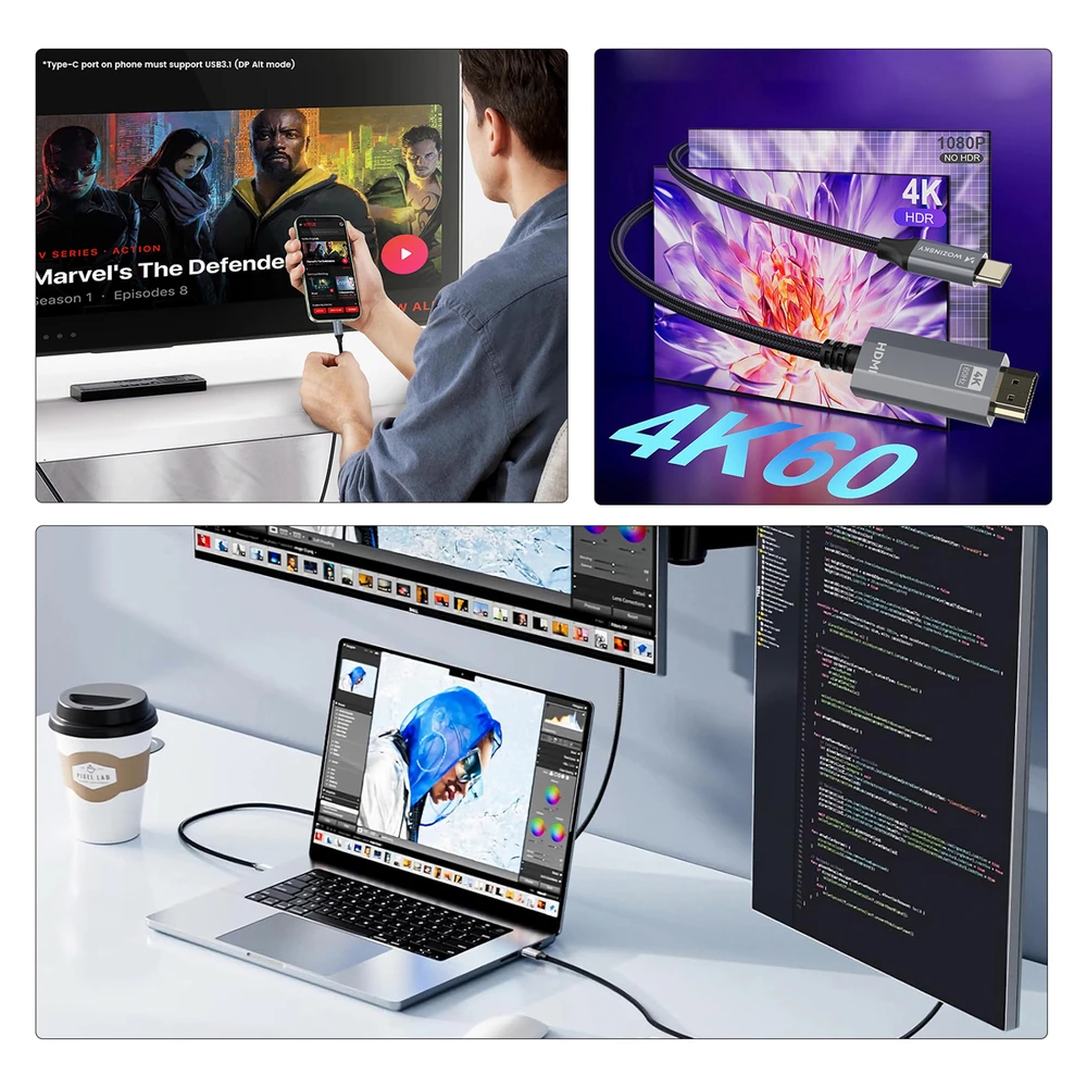 Wozinsky WCCH-01 USB-C - HDMI 4K 60Hz kabelis 1,8 m - juodas