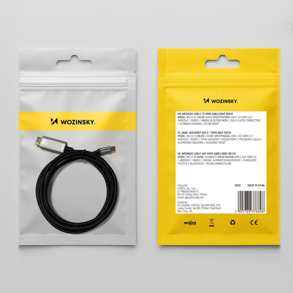 Wozinsky WCCH-01 USB-C - HDMI 4K 60Hz kabelis 1,8 m - juodas