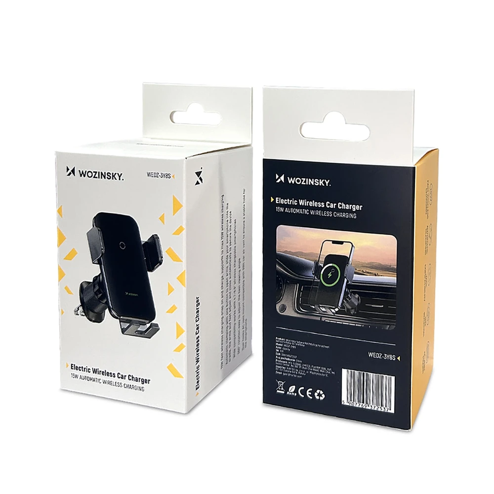 Wozinsky WEDZ-3Y8S clamp automobilinis telefono laikiklis su 15W inductive charger for phone on the air vent – juodos spalvos
