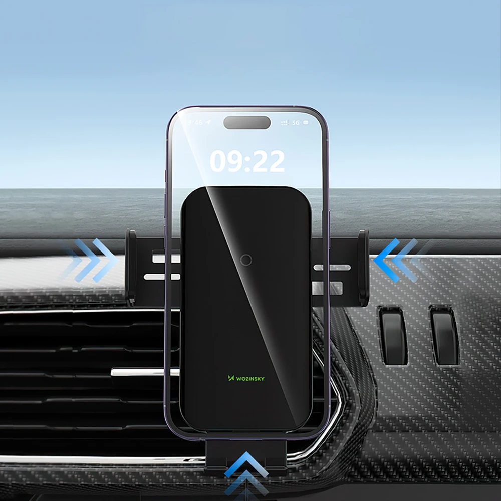 Wozinsky WEDZ-3Y8S clamp automobilinis telefono laikiklis su 15W inductive charger for phone on the air vent – juodos spalvos