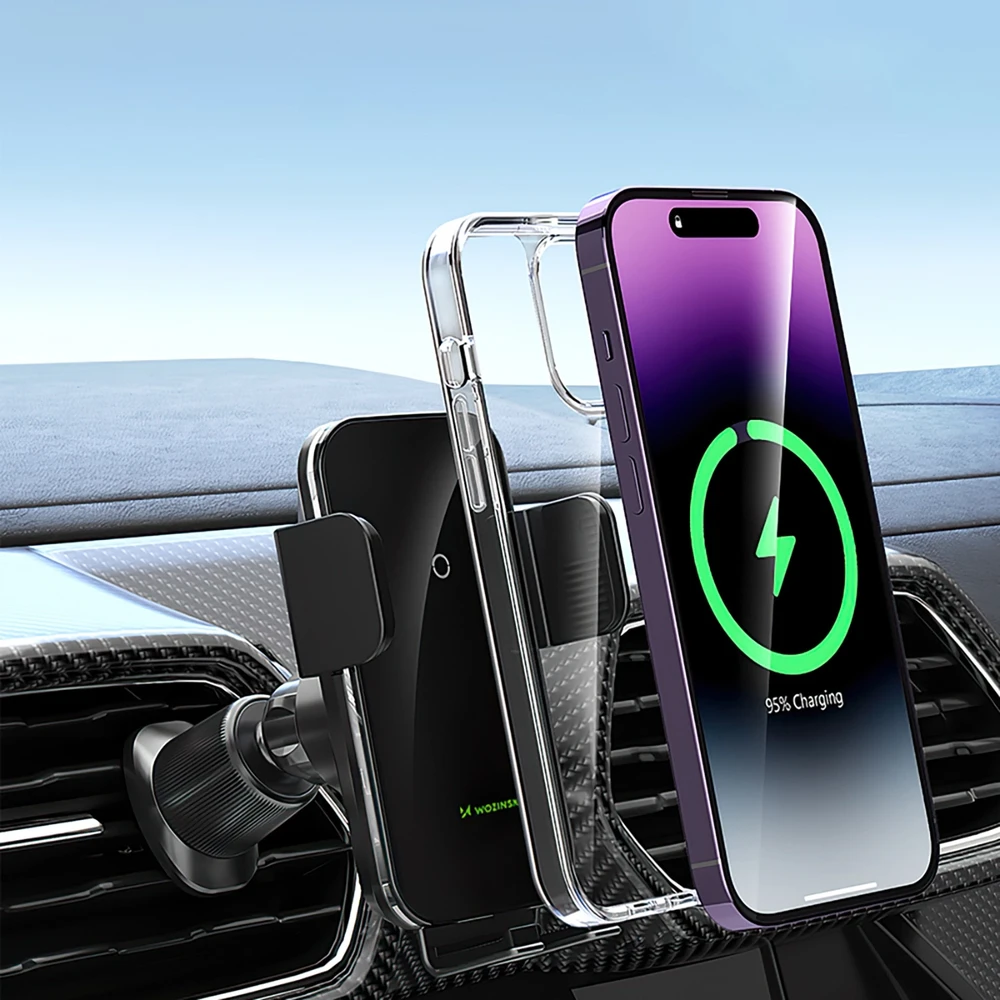 Wozinsky WEDZ-3Y8S clamp automobilinis telefono laikiklis su 15W inductive charger for phone on the air vent – juodos spalvos
