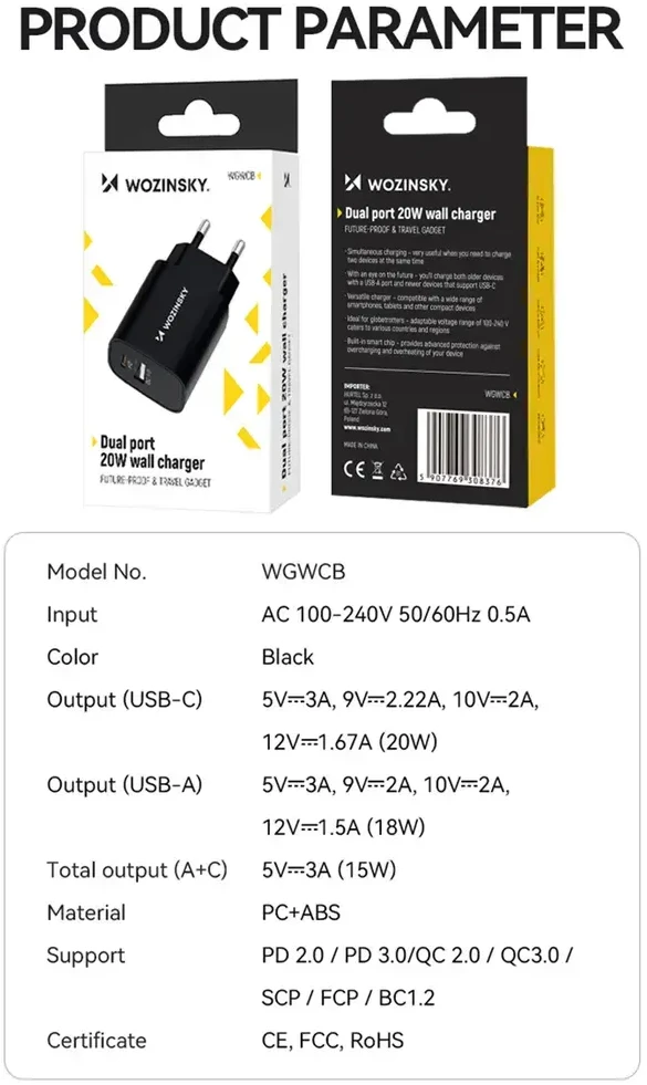 Įkroviklis Wozinsky (WGWCB) (1xUSB-C;1xUSB 3A 20W) juodas