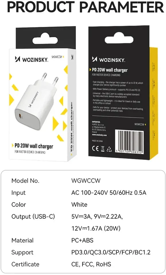 Wozinsky WGWCCW 20W USB-C laidinis įkroviklis – baltos spalvos