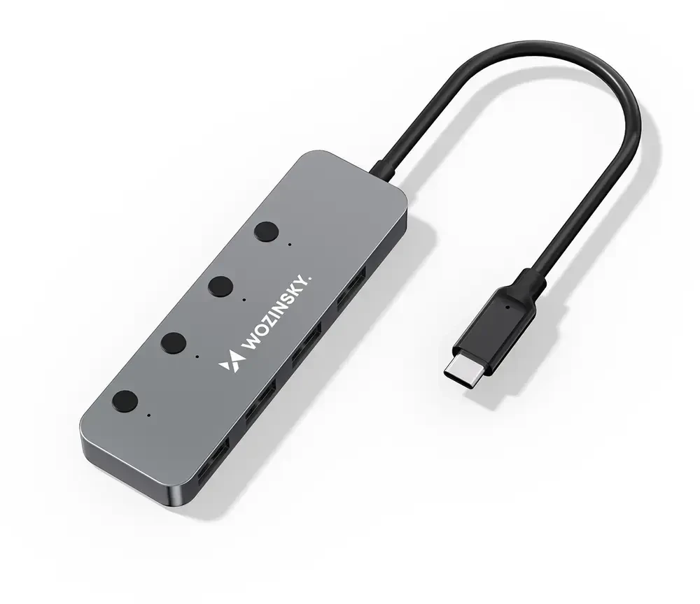 Wozinsky WHS080YSS 4 x USB-A 3.0 Aluminum Hub with Individual Switches and 15 cm USB-C Cable - Gray