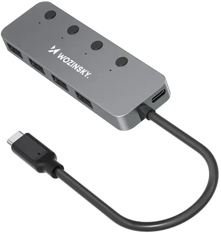 Wozinsky WHS080YSS 4 x USB-A 3.0 aliuminio šakotuvas su atskirais jungikliais ir 15 cm USB-C kabeliu – pilkas