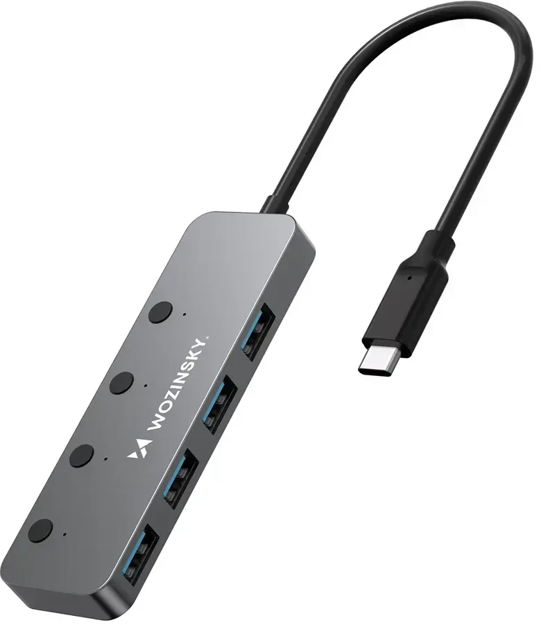 Wozinsky WHS080YSS 4 x USB-A 3.0 Aluminum Hub with Individual Switches and 15 cm USB-C Cable - Gray