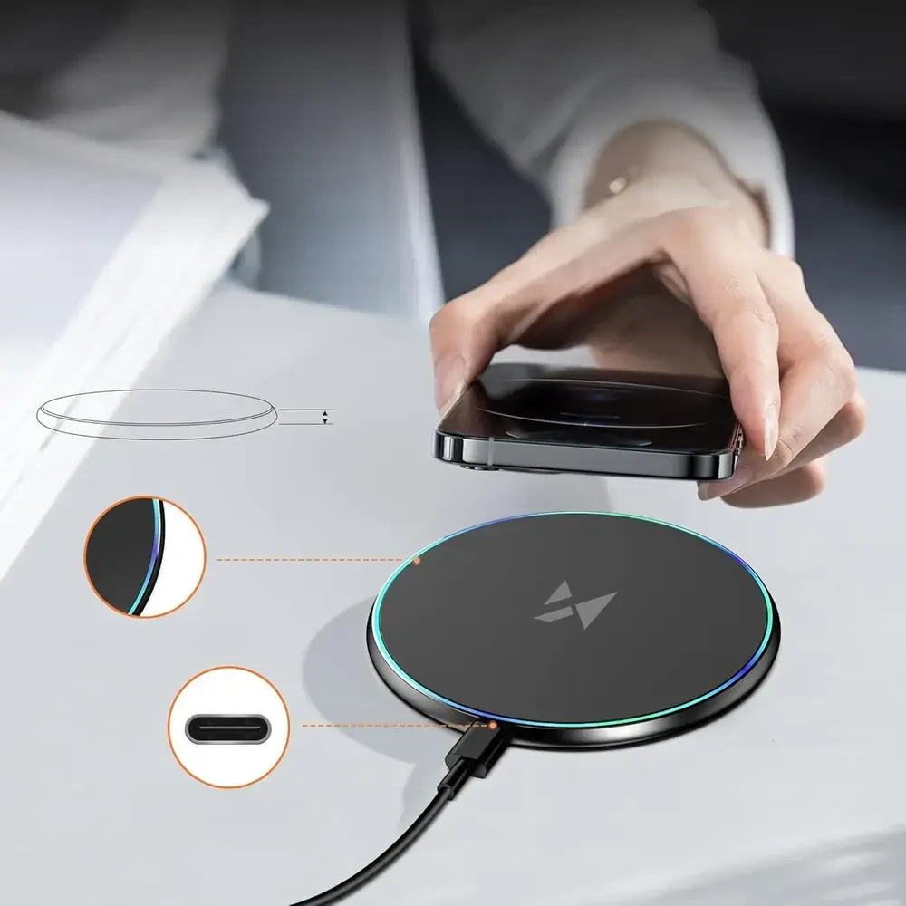 Wozinsky WLI-01Y 15W Qi indukcinis įkroviklis su USB-C laidu – juodas