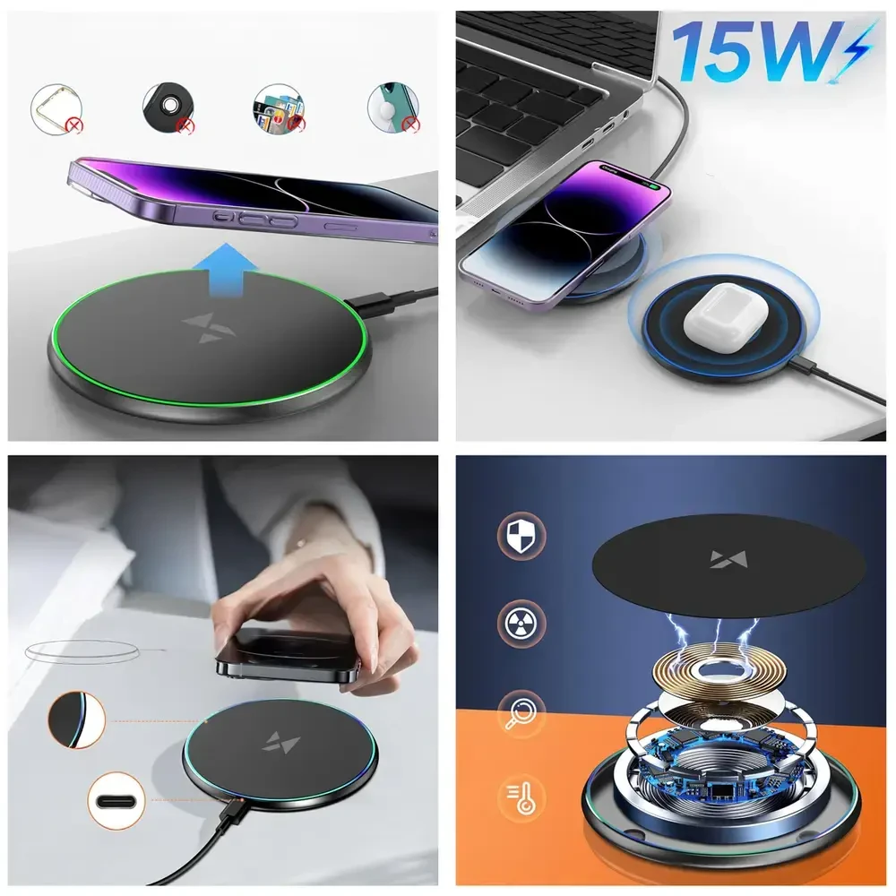 Wozinsky WLI-01Y 15W Qi indukcinis įkroviklis su USB-C laidu – juodas