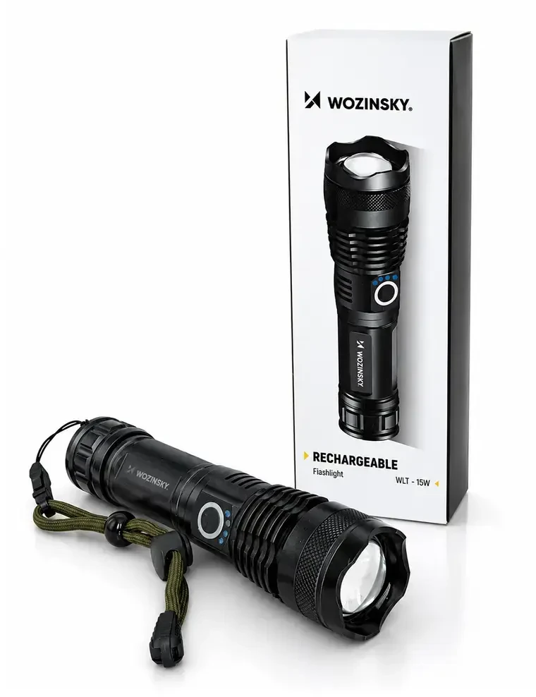 Wozinsky WLT-15W 15W 1500lm CREE IP65 taktinis žibintuvėlis su reguliuojamu spinduliu - Juodas