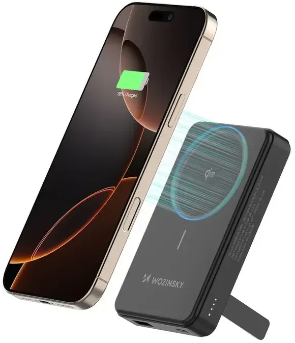 Powerbank Wozinsky WLWP-10KA0Y3S 22.5W PD Qi2 10000 mAh, su stoveliu, 1x USB-A, 1x USB-C – juodos spalvos