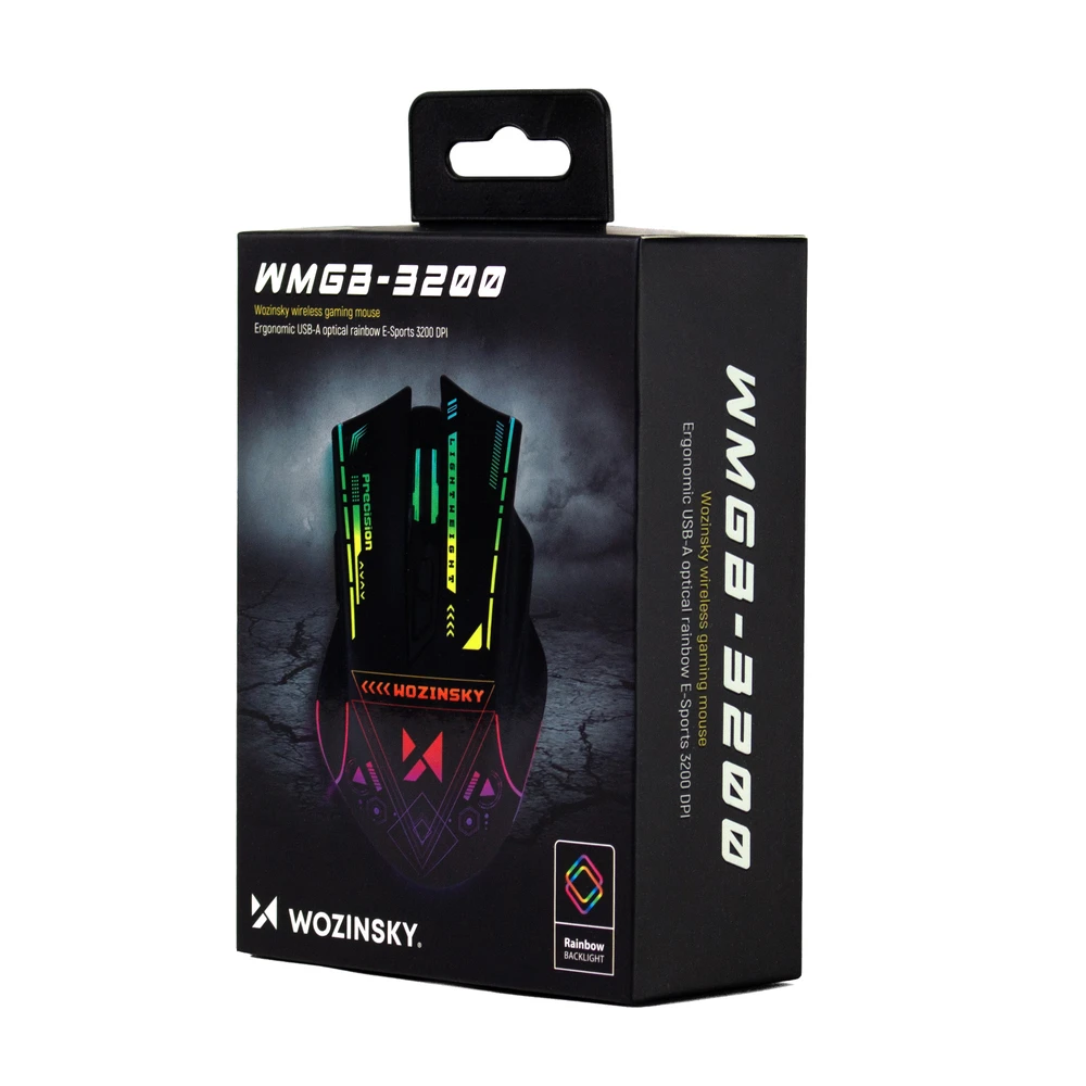 Wozinsky WMGB-3200 belaidė optinė žaidimų pelė su įmontuota įkraunama baterija, 3200 DPI, RGB apšvietimu – juoda
