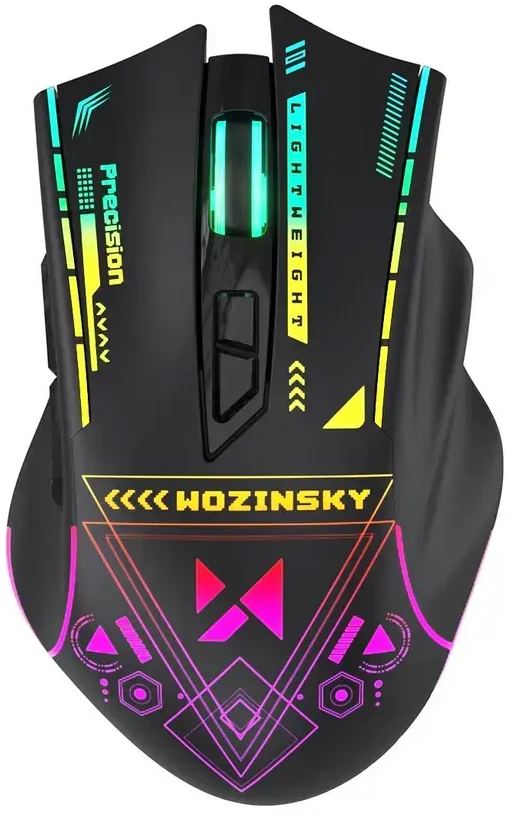 Wozinsky WMGB-3200 belaidė optinė žaidimų pelė su įmontuota įkraunama baterija, 3200 DPI, RGB apšvietimu – juoda