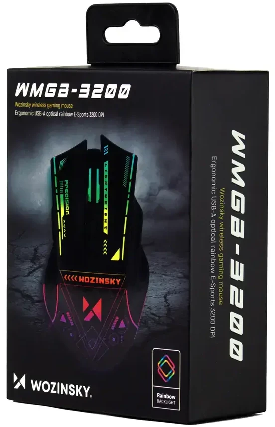 Wozinsky WMGB-3200 belaidė optinė žaidimų pelė su įmontuota įkraunama baterija, 3200 DPI, RGB apšvietimu – juoda