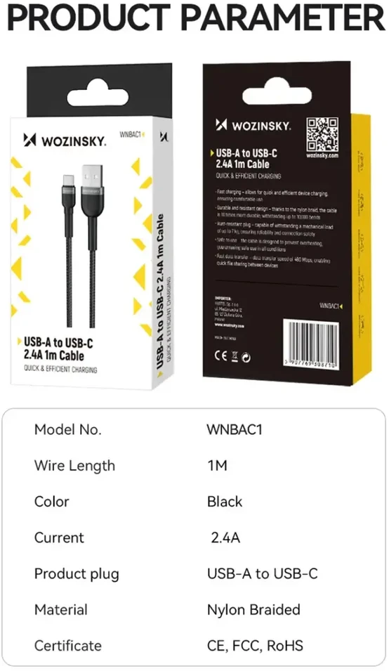 Wozinsky WNBAC2 duomenų perdavimo ir įkrovimo kabelis | USB-A į USB-C | 12W | 2m | juodas