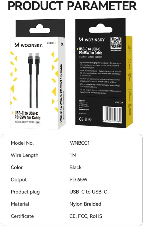 Wozinsky WNBCC1 duomenų perdavimo ir įkrovimo kabelis | USB-C į USB-C | 65W | 1m | juodas