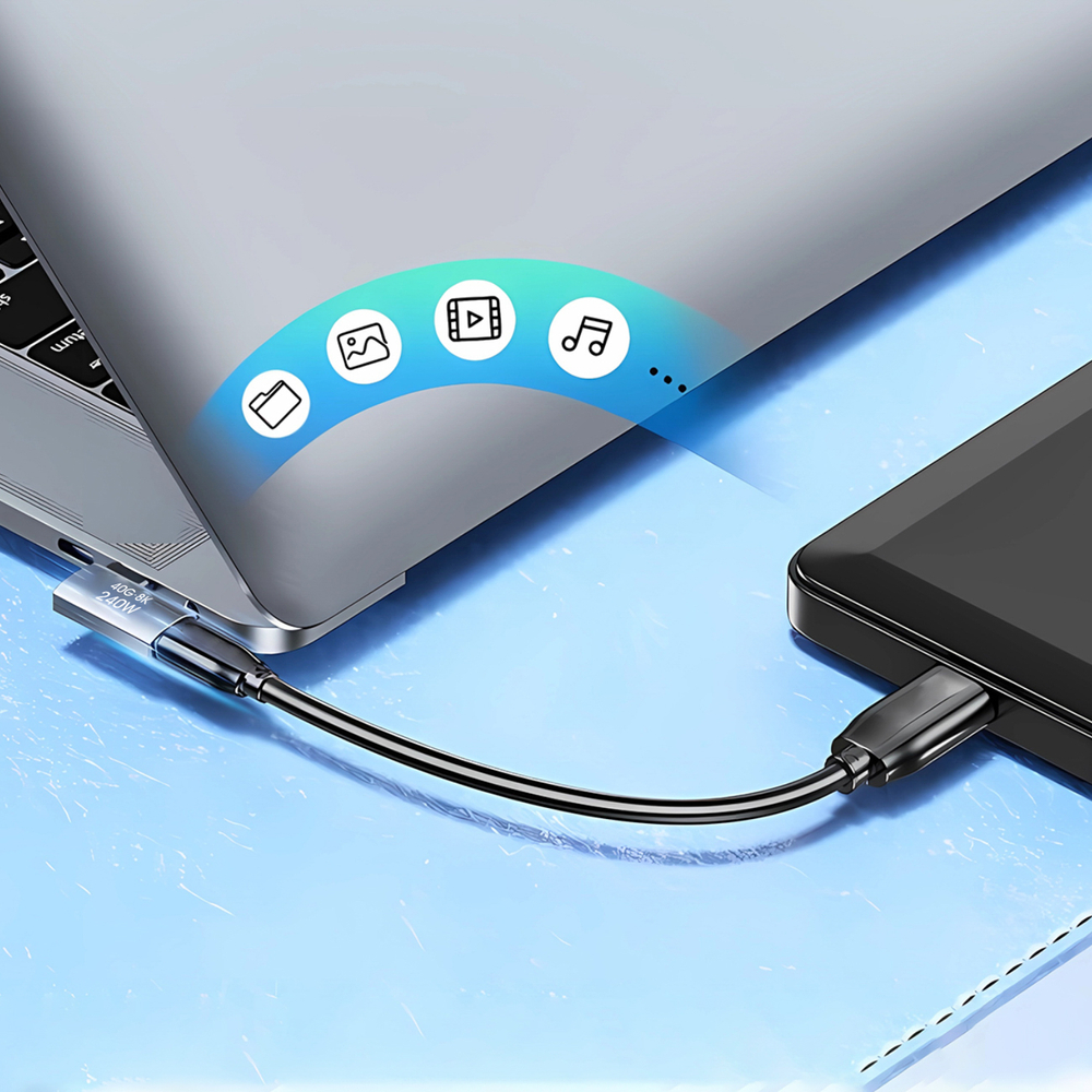 Wozinsky WPKB-01 USB-C – USB-C 40Gb/s 240W 8K OTG šoninis kampinis adapteris – pilkas