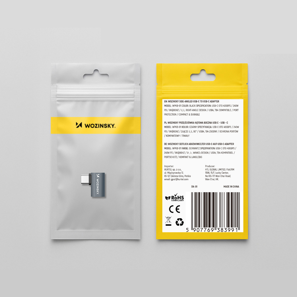 Wozinsky WPKB-01 USB-C – USB-C 40Gb/s 240W 8K OTG šoninis kampinis adapteris – pilkas
