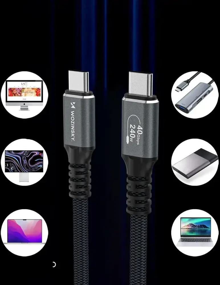 Wozinsky WPS-UY42S duomenų perdavimo ir įkrovimo kabelis | USB-C į USB-C | 240 W | Thunderbolt 4 | 2 m | juodas
