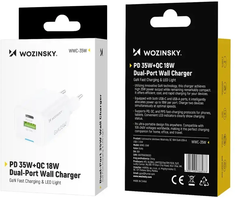 Wozinsky WWC-35W GaN USB-A + USB-C sieninis įkroviklis - Baltas