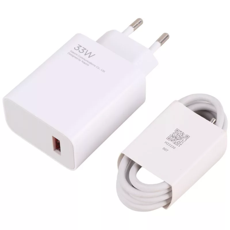 Xiaomi MDY-16-EF USB-A 33W kelioninis įkroviklis + kabelis USB-C baltos spalvos (Bulk pakuotė)