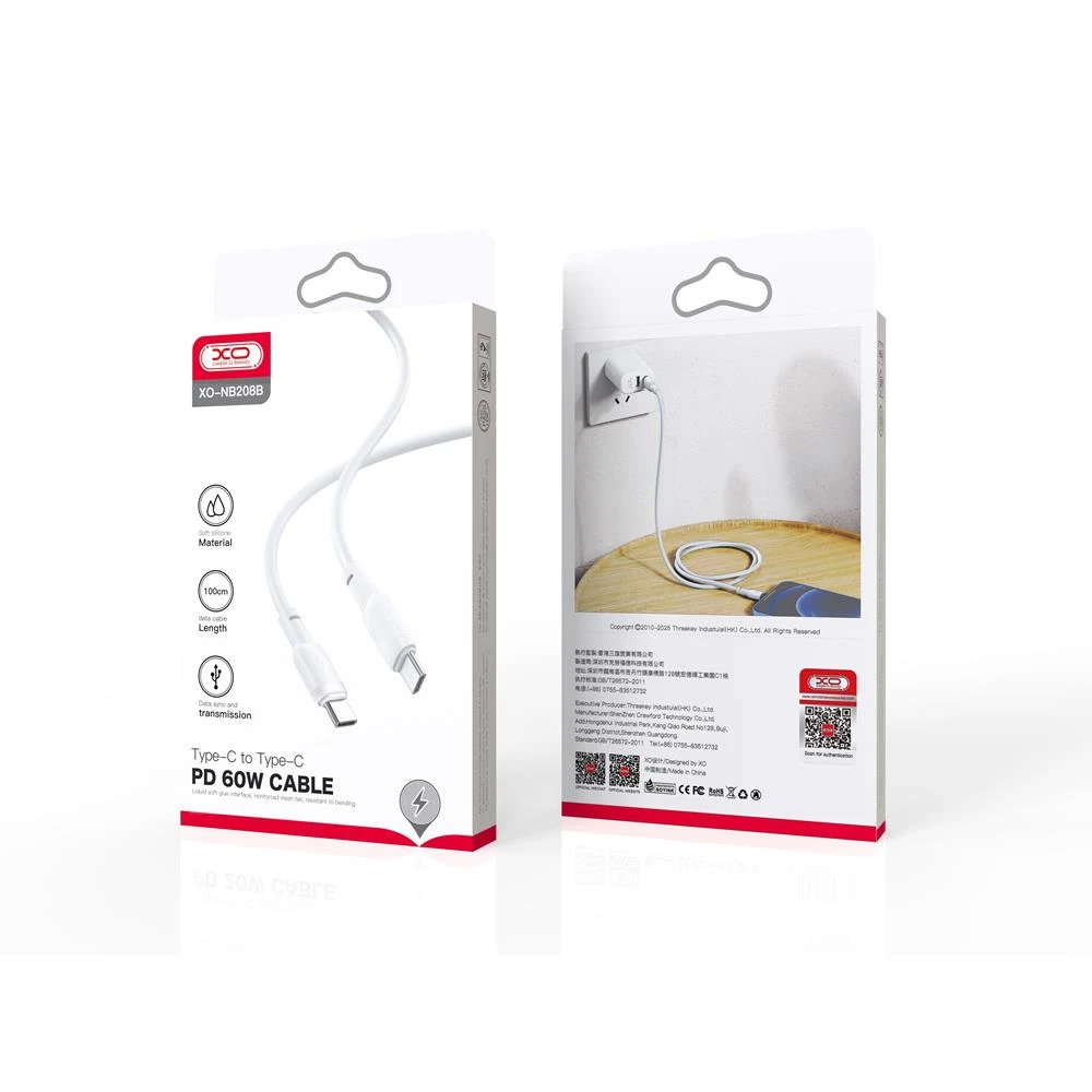 XO kabelis NB208B PD USB-C - USB-C 1,0m 60W baltos spalvos