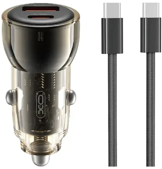 XO car charger CC60 60W 1x USB 1x USB-C juodos spalvos + USB-C - USB-C kabelis