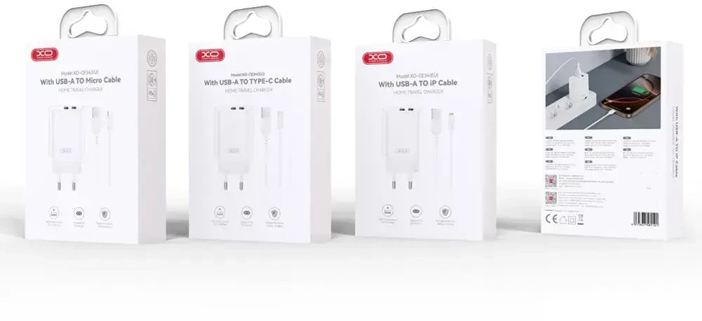 XO sieninis įkroviklis CE34 2x USB 2,4A baltas + USB-C laidas