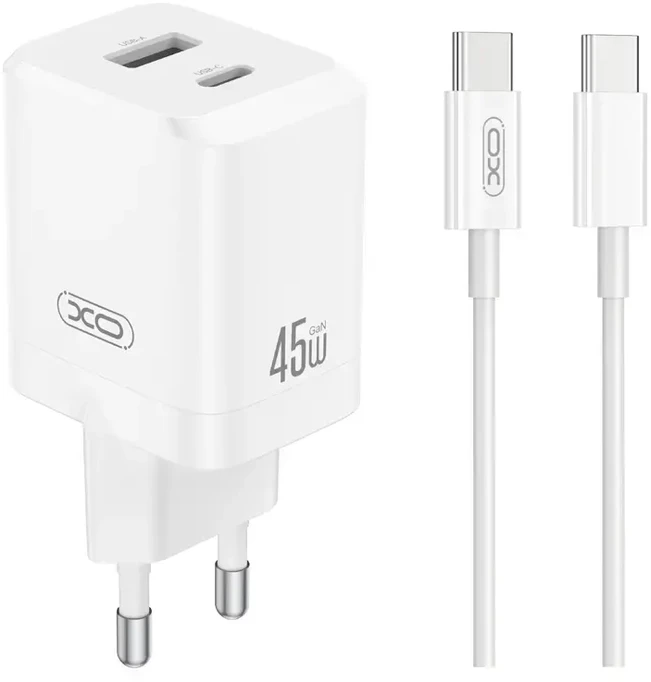 XO sieninis įkroviklis CE36 PD 45W 1x USB-C 1x USB baltas + laidas USB-C – USB-C