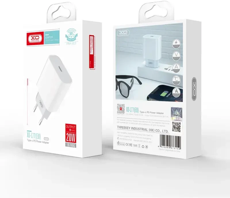 XO L77 sieninis įkroviklis, USB-C + USB-C prie Lightning kabelis (baltas)