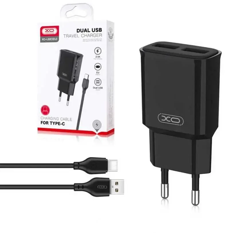 XO sieninis įkroviklis L92C 2x USB 2,4A juodas + USB-C laidas