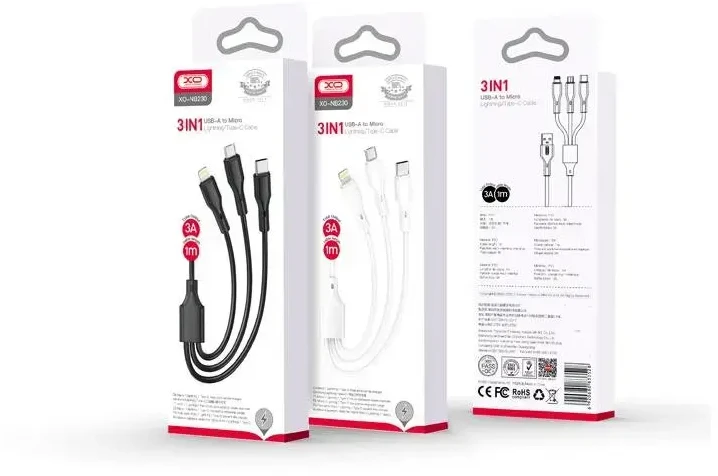 XO kabelis NB230 3w1 USB - Lightning + USB-C + microUSB 1,0m 2,4A juodos spalvos