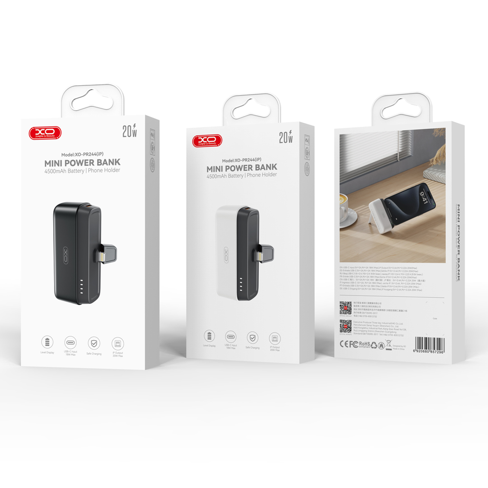 XO power bank mini PR244 20W 5000 mAh su Lightning jungtimi juodos spalvos