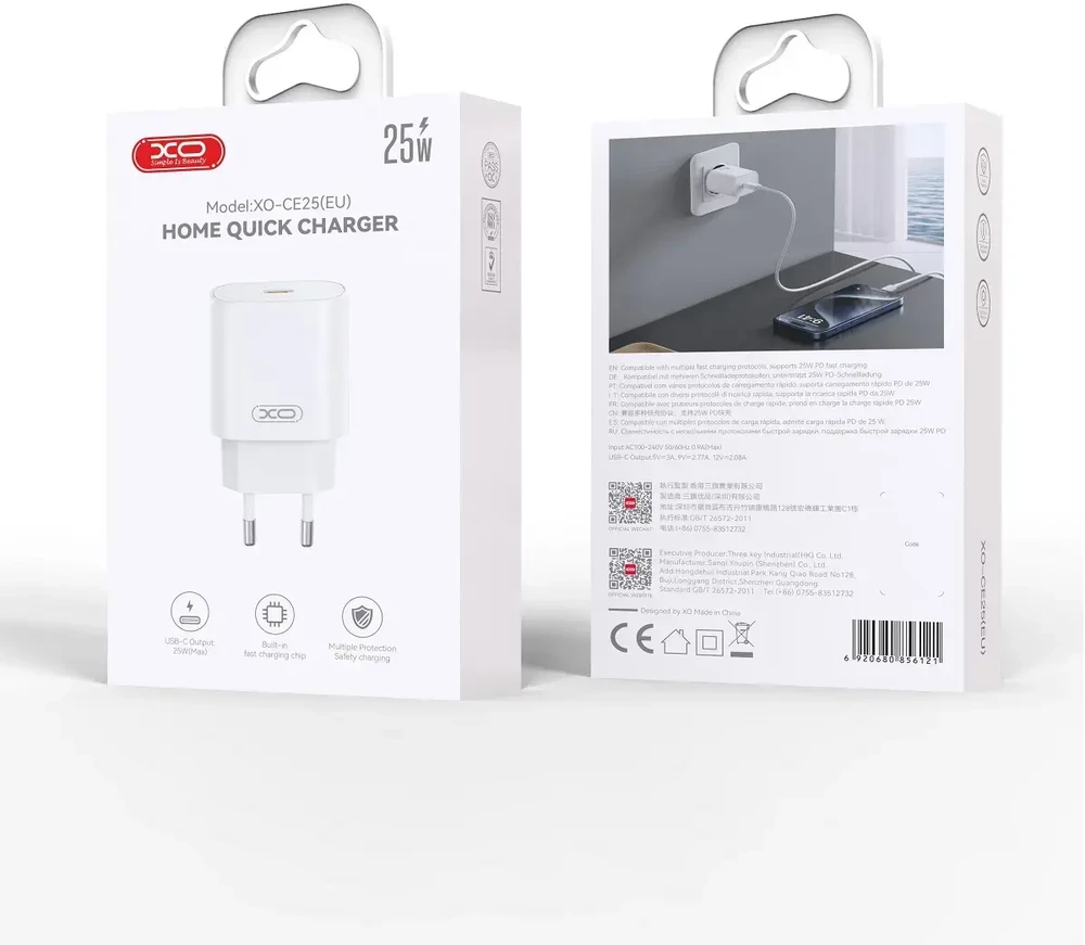 XO sieninis įkroviklis CE25 PD 25W 1x USB-C baltas