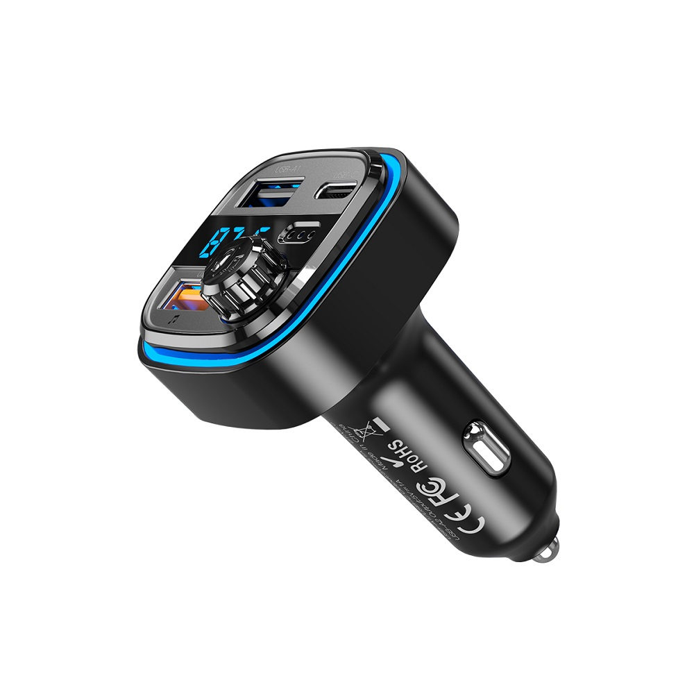 Automobilinis įkroviklis / FM siųstuvas XO BCC08 USB x2, USB-C, MP3, Bluetooth 5.0 (juodas)