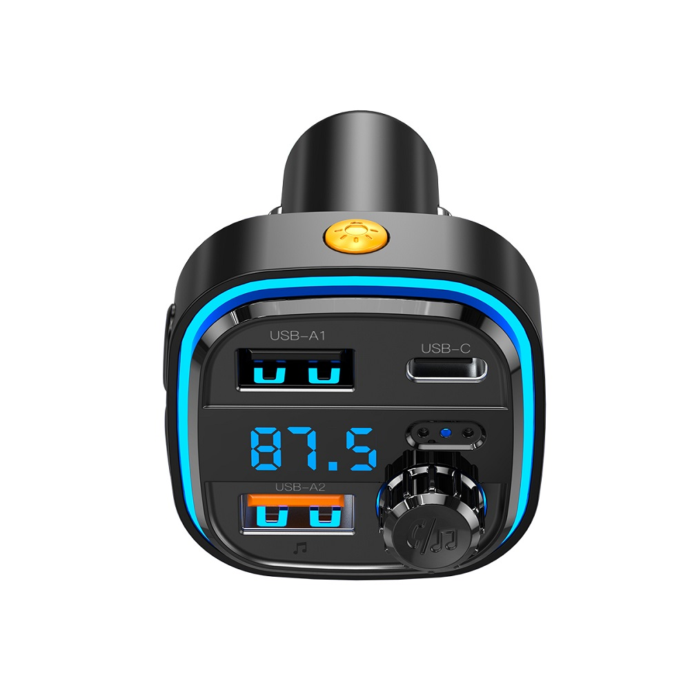Automobilinis įkroviklis / FM siųstuvas XO BCC08 USB x2, USB-C, MP3, Bluetooth 5.0 (juodas)